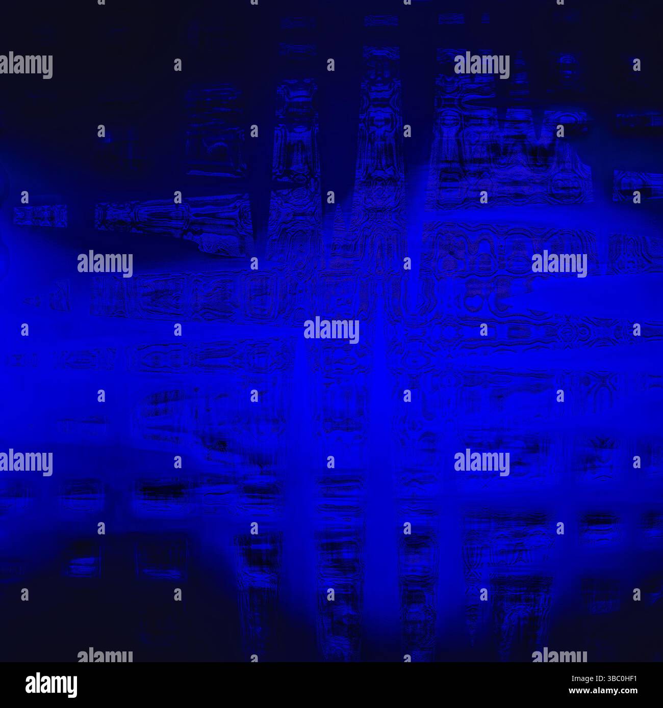 Tiefblaue Glitch-Textur – abstrakter digitaler Hintergrund mit dunklem Matrix-ähnlichem Raster und Neonlicht Stockfoto