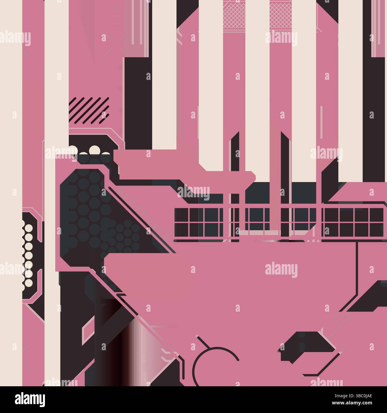 Geometrische rosafarbene Schaltungsschnittstelle – abstraktes technisches Raster mit linearen Mustern, Blöcken und kybernetischen Details Stockfoto