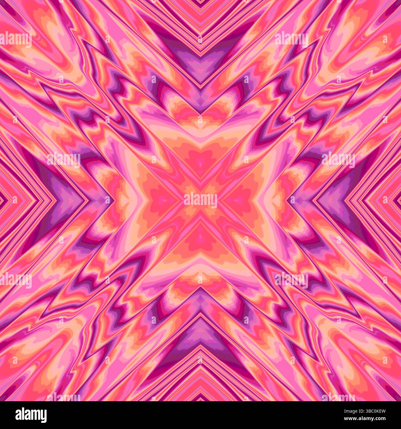Radiant Pink and Peach Starburst Abstract Pattern - spiritueller symmetrischer digitaler Design Hintergrund für Social Media und UI Projekte Stockfoto