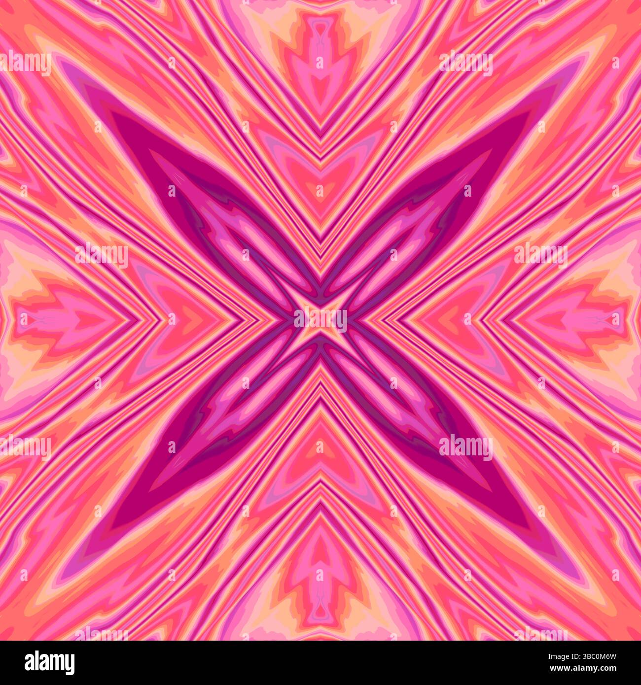 Symmetrischer abstrakter Hintergrund in kräftigem Pink und Orange – spirituelle lebendige geometrische Textur für Poster, Apps und Branding Stockfoto
