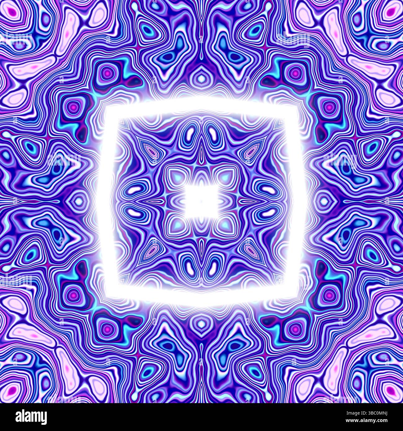 Purple Psychedelic Mandala Design – lebendiges, verwirbeltes abstraktes Muster für Meditation, Musik und kühne spirituelle Hintergründe Stockfoto