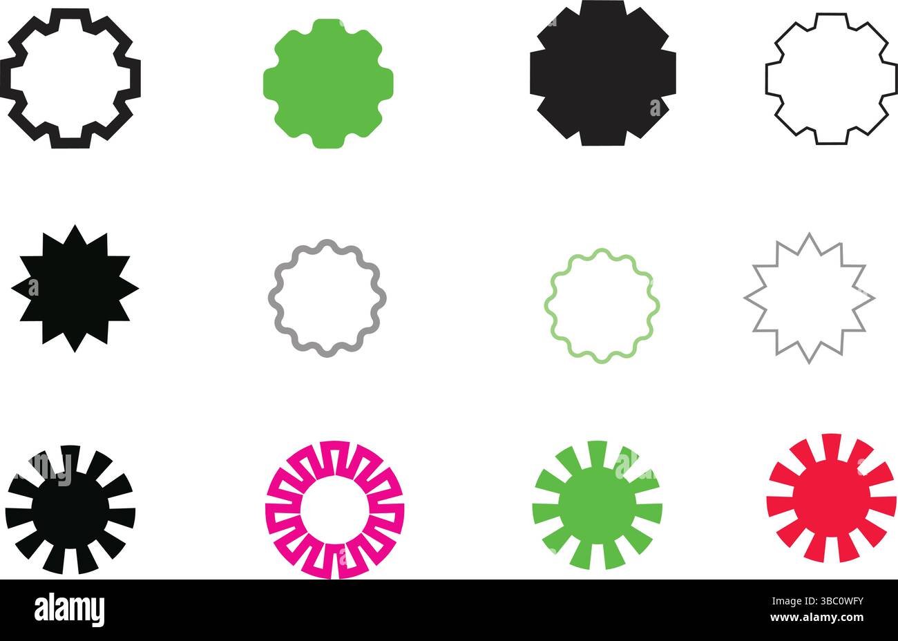 Stachelige Starburst-Form-Symbole Vektor abstrakte Label- oder Badge-Elemente in mehreren Farben. Stock Vektor