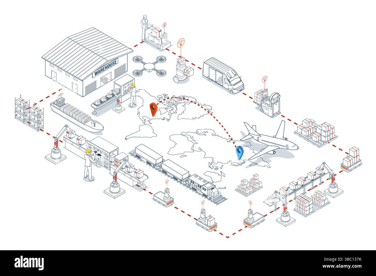 Globales Logistiknetzwerk. Isometrische 3D-Szenen, die Export- und Importoperationen über Luft-, Straßen-, Schienen- und Frachtdienste zeigen. Stock Vektor