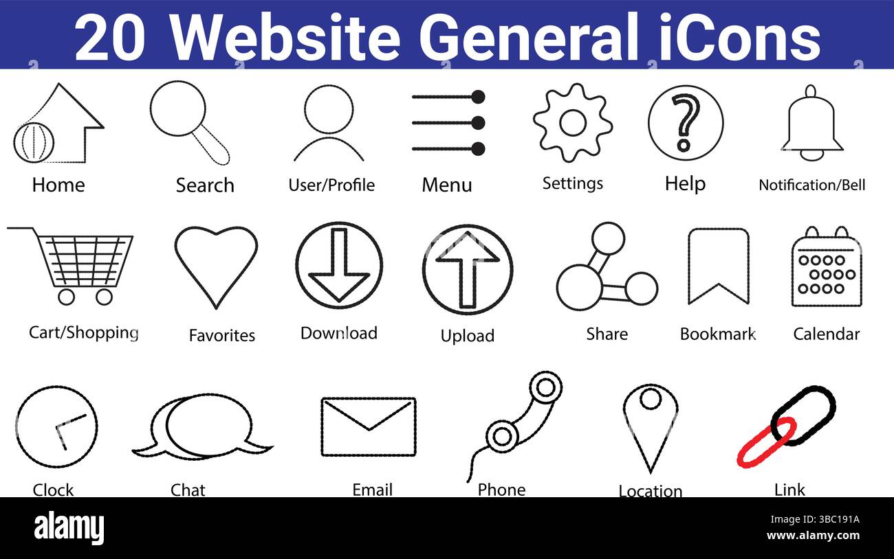 20 allgemeine Symbole auf der Website Stock Vektor