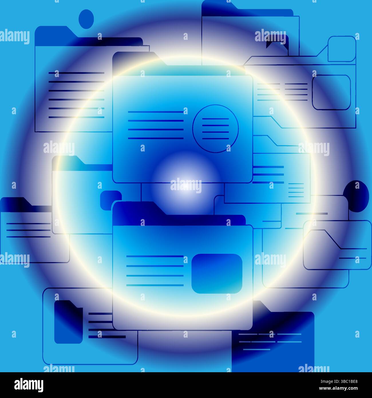 Blaues Symbol für leuchtende Dokumente – Hintergrundbild für digitale Dateiverwaltung und Design der technischen Benutzeroberfläche Stock Vektor