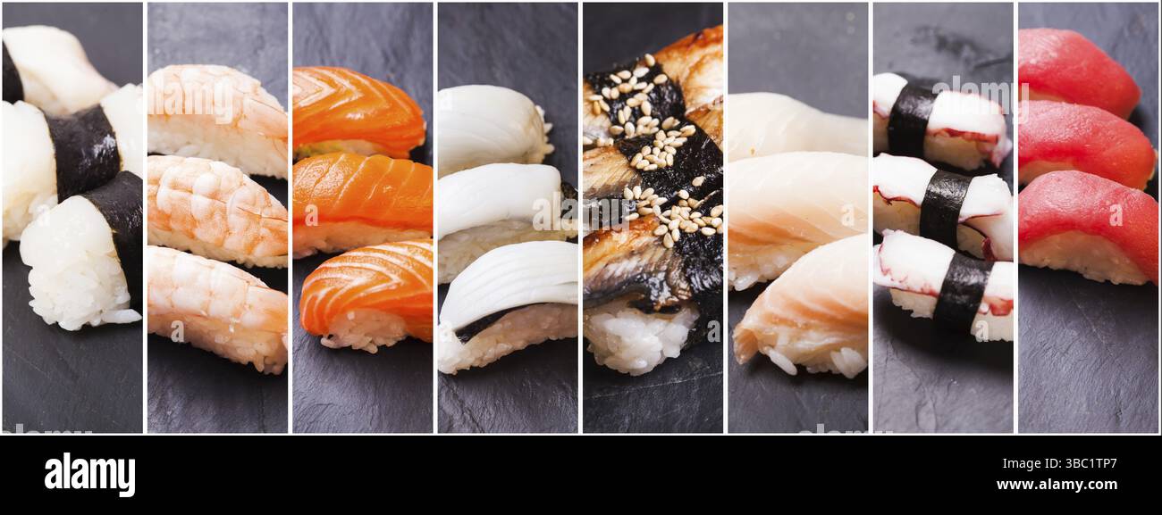 Collage mit acht Fotos von Nigiri-Sushi Stockfoto