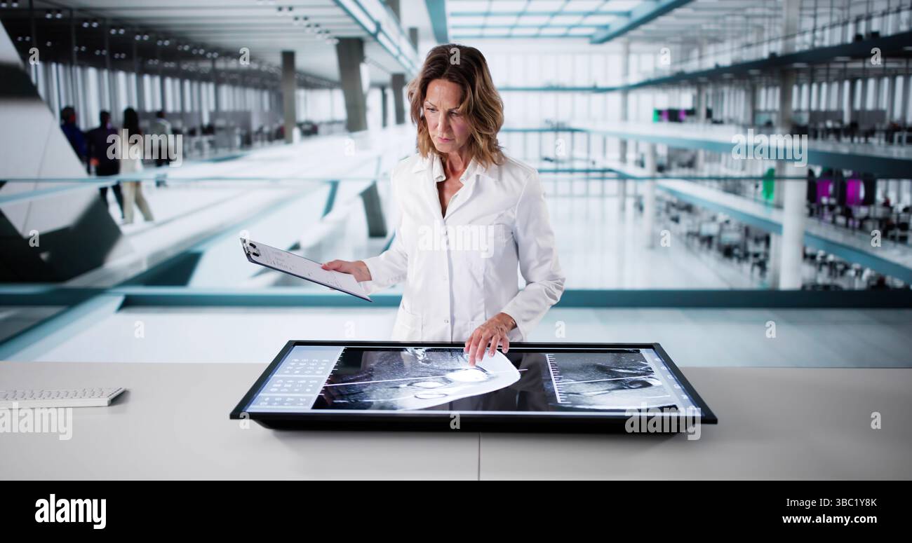 Die Fachärztin Für Radiologie Verwendet Radiologie-Software Vor Der Schulterchirurgie. Stockfoto