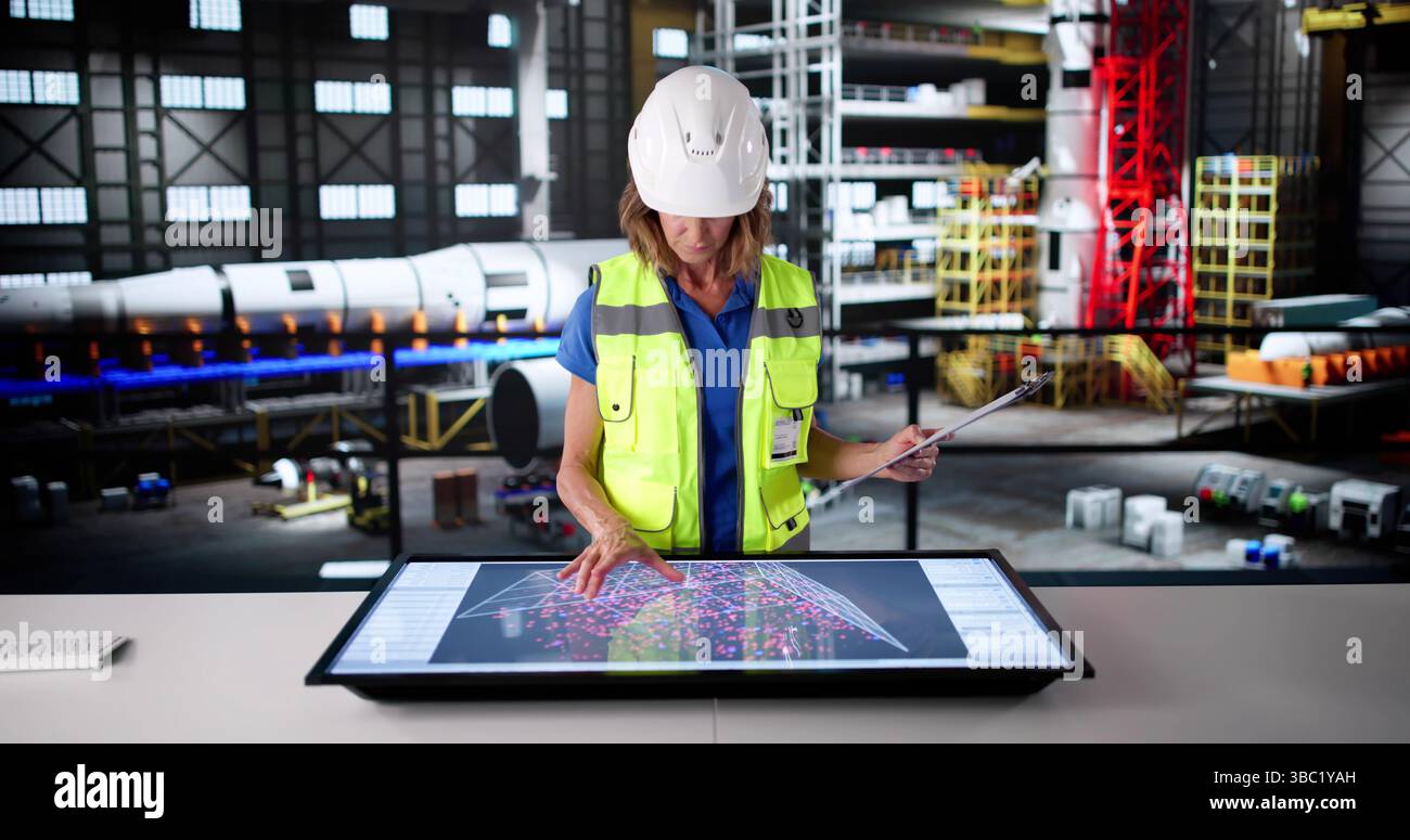 Ingenieurin Im Moon Exploration Center Baut Advanced Rocket Machinery Stockfoto