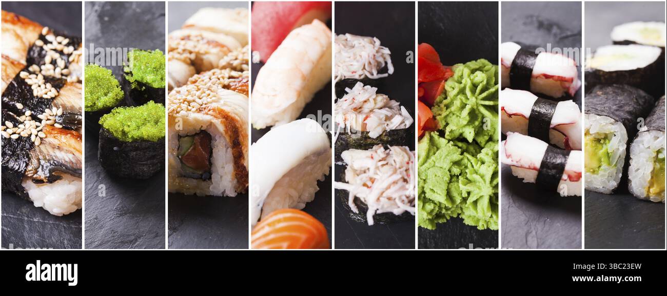 Collage mit acht Fotos von Nigiri Sushi und Brötchen Stockfoto
