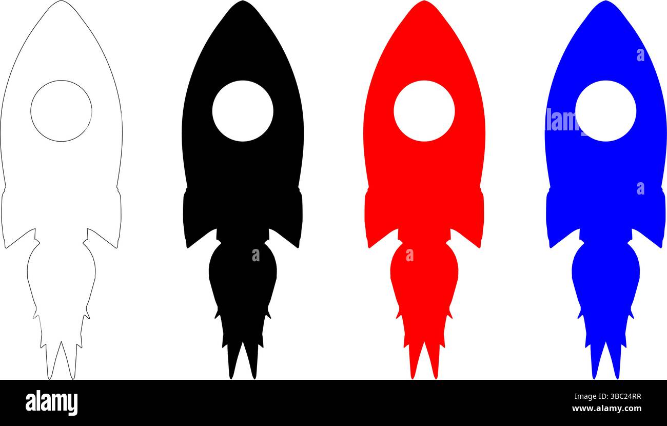 Raketensymbol in Kontur- und Farbvarianten für Start- und Startthemen Stock Vektor