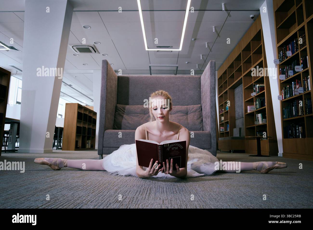 Eine charmante Ballerina ging in die Bibliothek, um während einer Pause ein neues Buch auszuwählen Stockfoto