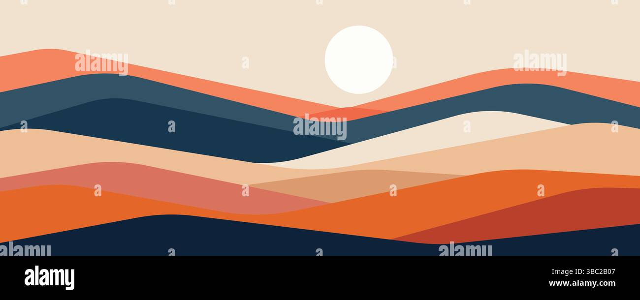 Minimalistische Natur abstrakte Landschaft, Kunst für die Mitte des Jahrhunderts moderne Innenplakate, Berghintergrund. Vektorabbildung Stock Vektor