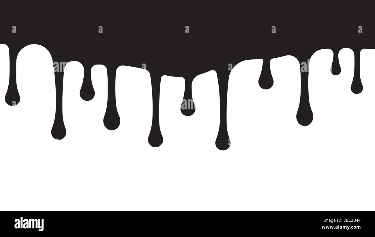 Abstrakte schwarze Farbe tropft auf weißem Hintergrund und bildet einen künstlerischen Fluss mit unregelmäßigen Formen und dynamischen Bewegungen Stock Vektor