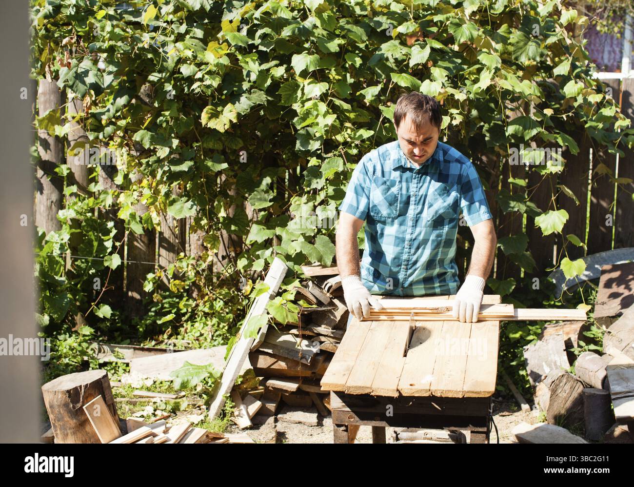 Hart arbeitender Holzarbeiter, der Holzbohlen schneidet, Fokus auf Säge Stockfoto