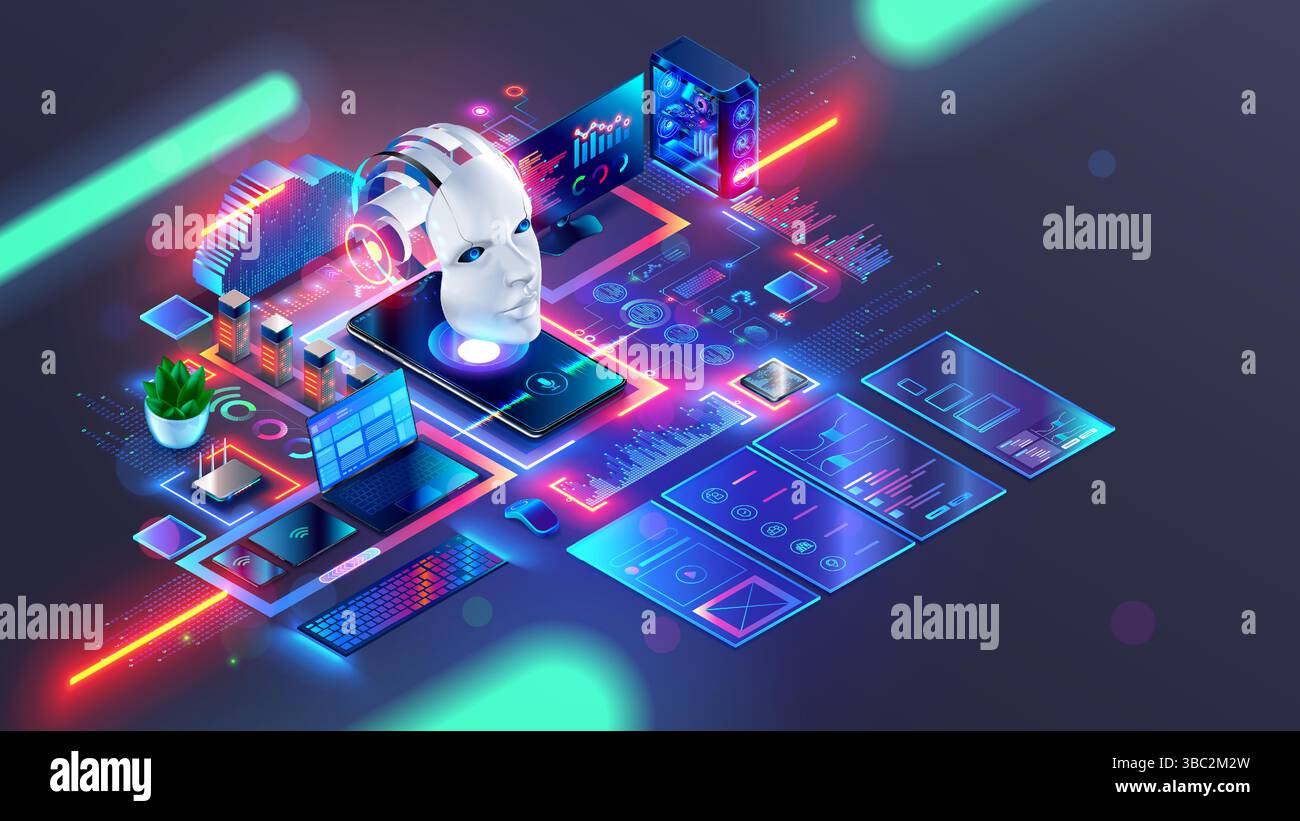 AI generiert Code von Programmen und Webseiten. Chatbot mit KI für die Programmierung erstellt Webdesign Website-Vorlagen und Programmschnittstellen. Roboterkopf oben Stock Vektor