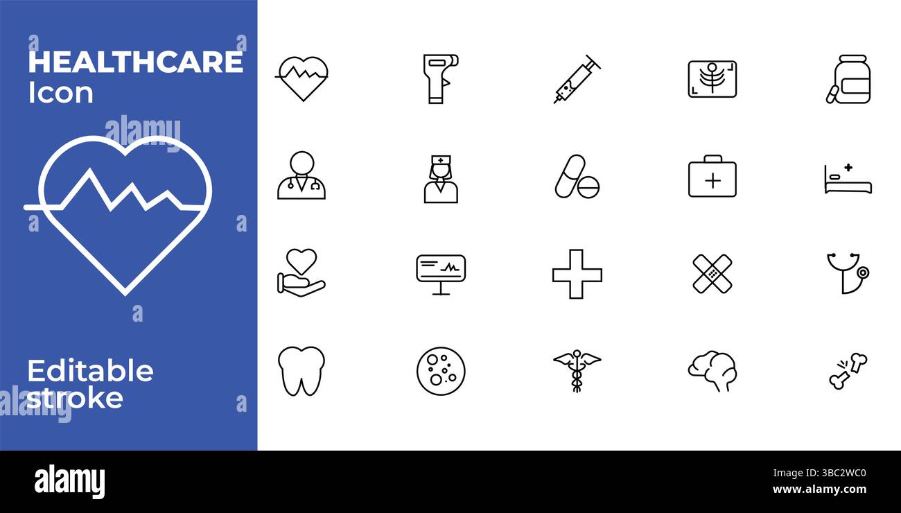 Medical Line Icons Vector Pack - Herz, Arzt, Spritze, erste Hilfe und mehr Stock Vektor