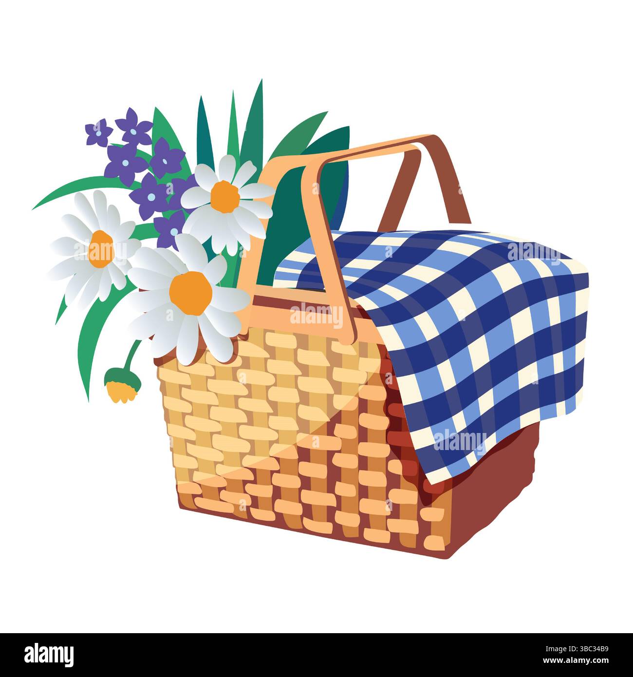 Schöner Picknickkorb mit blauem kariertem Tuch und bunten Blumen in einer sonnigen Parklandschaft Stockfoto