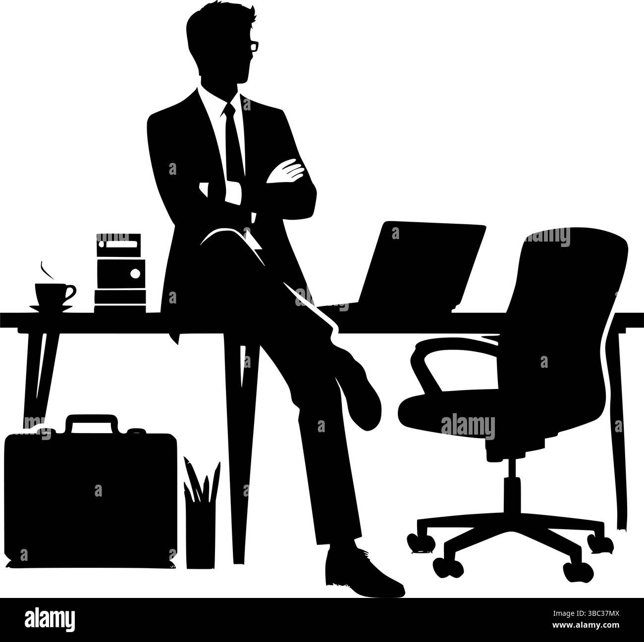 Illustration des modernen Büroarbeitsbereichs mit Geschäftsmann am Schreibtisch – Vector Clipart Stock Vektor