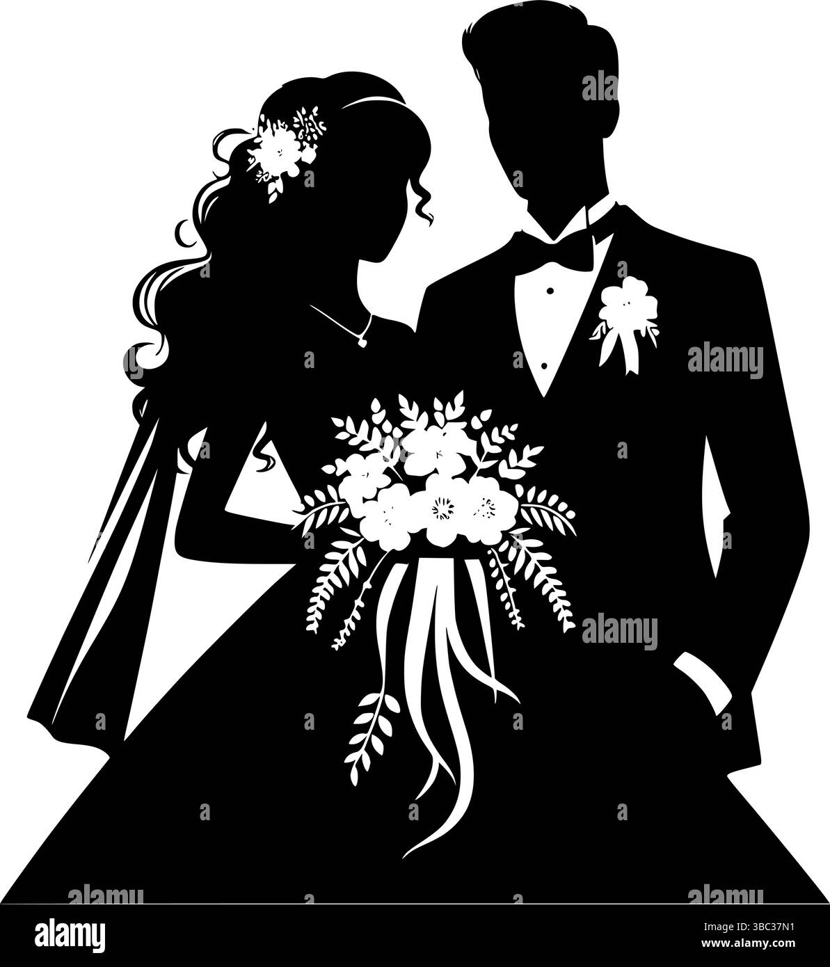 Elegante schwarz-weiße Silhouette von Braut und Bräutigam Stock Vektor