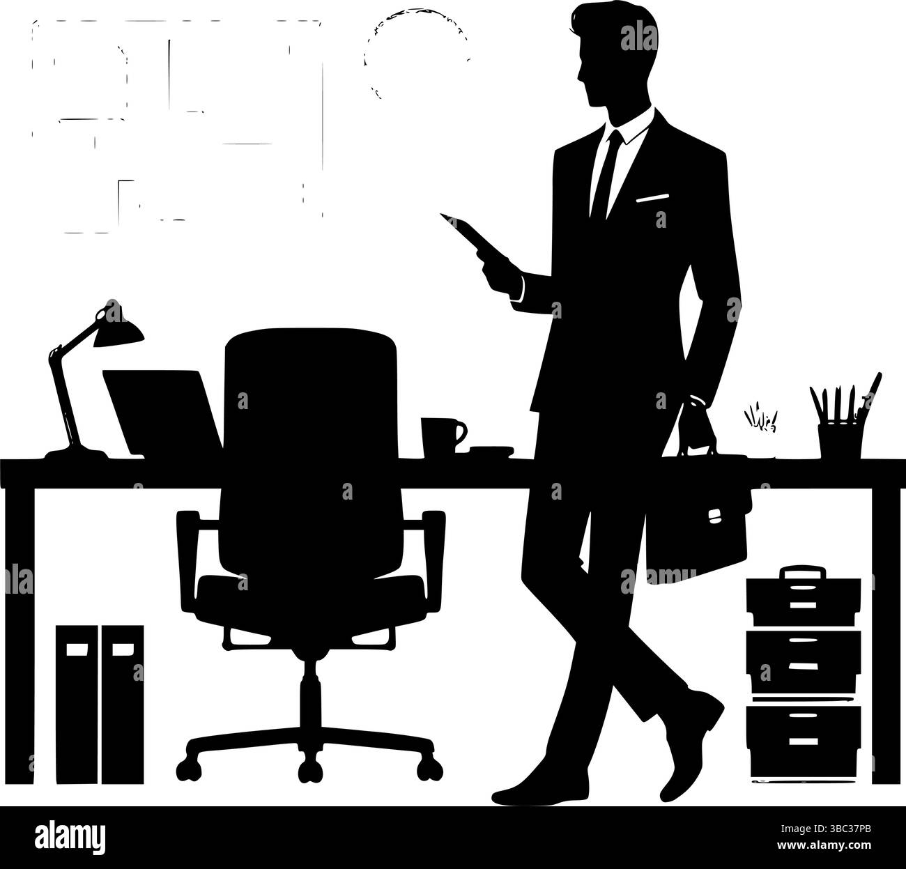 Illustration des modernen Büroarbeitsbereichs mit Geschäftsmann am Schreibtisch – Vector Clipart Stock Vektor