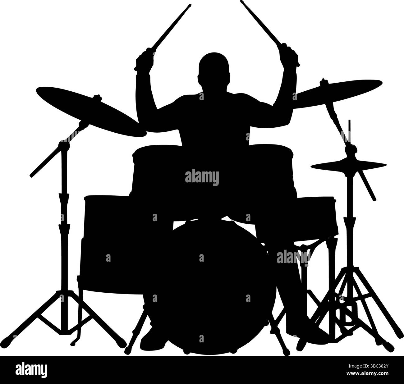 Der dramatische Schlagzeuger Silhouette tritt auf der Bühne mit Backlight auf. Epic Silhouette: Schlagzeuger in Bewegung auf Bühnenlichtern. Stock Vektor