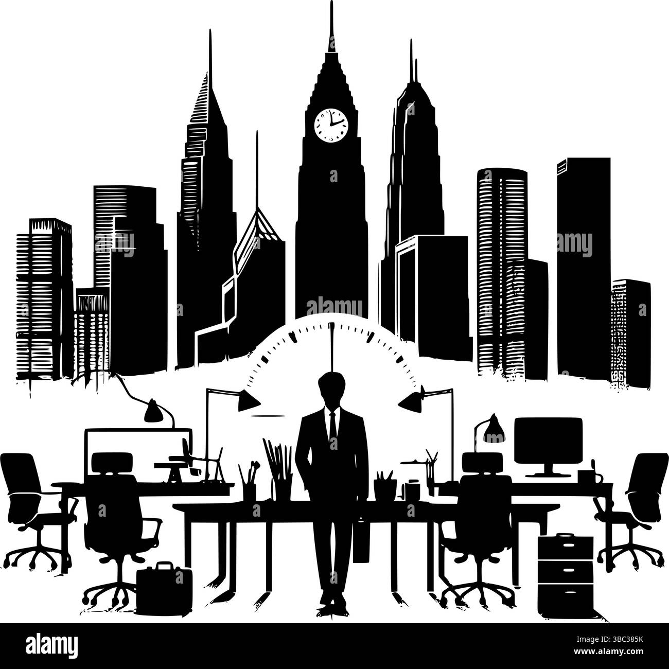 Illustration des modernen Büroarbeitsbereichs mit Geschäftsmann am Schreibtisch – Vector Clipart Stock Vektor