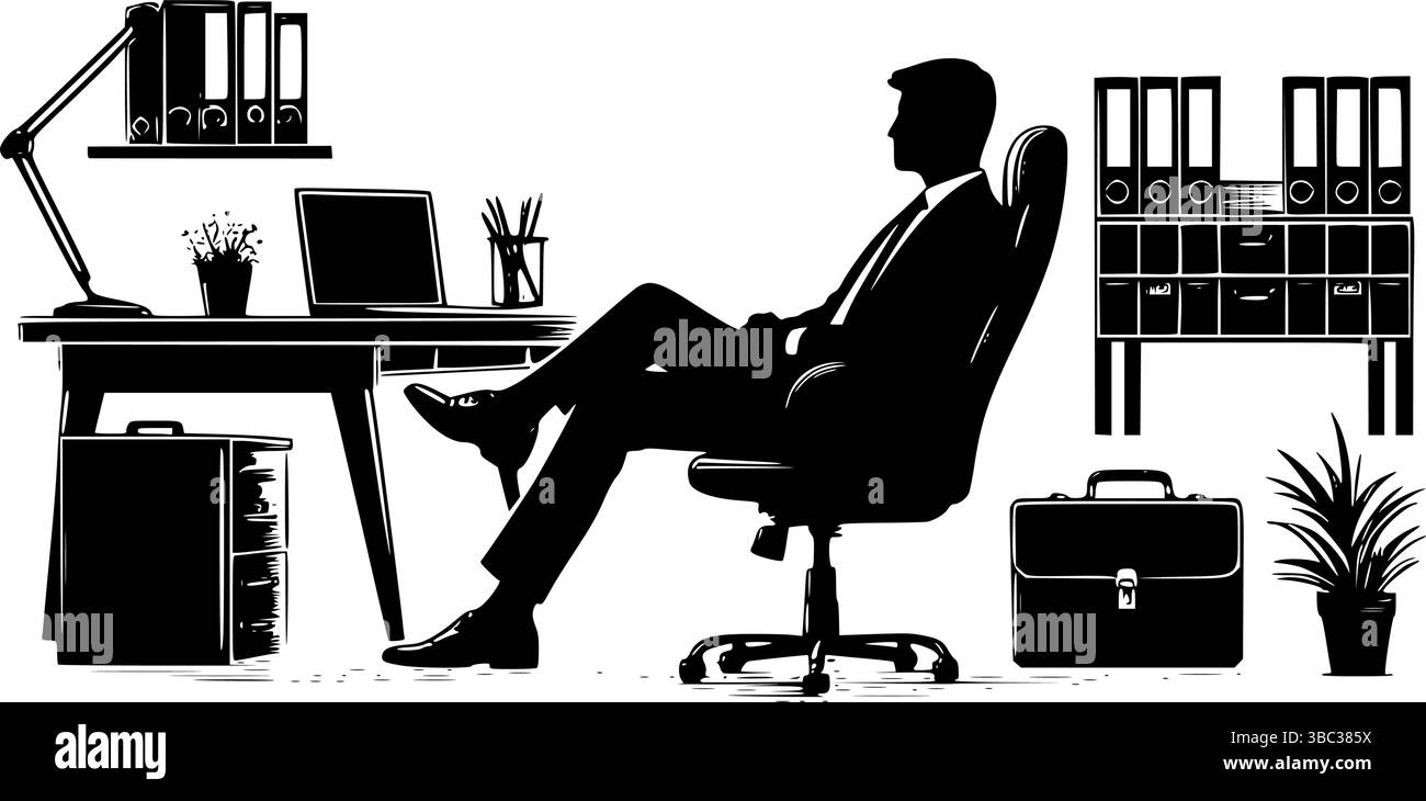 Illustration des modernen Büroarbeitsbereichs mit Geschäftsmann am Schreibtisch – Vector Clipart Stock Vektor