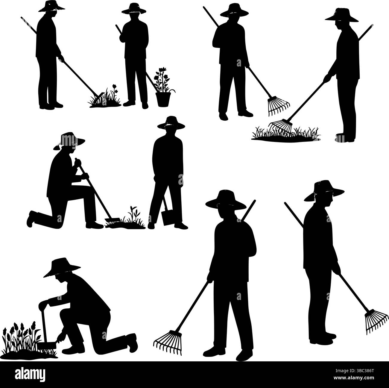 Gärtner Silhouette Vektor Set – Männer und Frauen Gartenarbeit in verschiedenen Posen. Sammlung von Gartenfiguren mit Werkzeugen und Pflanzen Stock Vektor