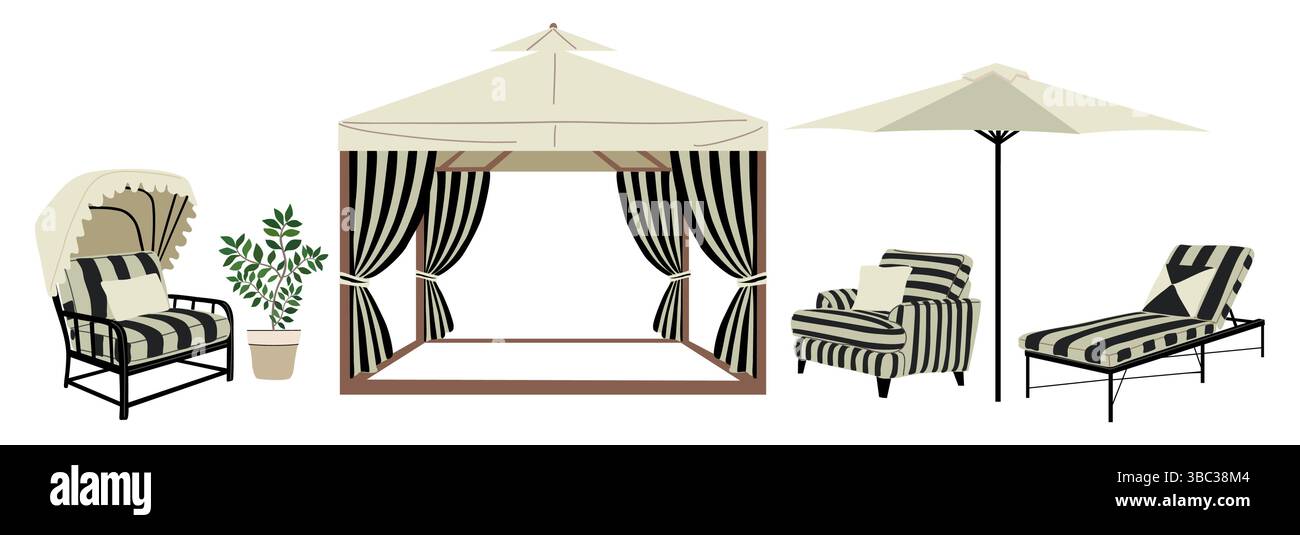 Stilvolles Set im Freien, Terrasse, Gartenmöbel Stock Vektor