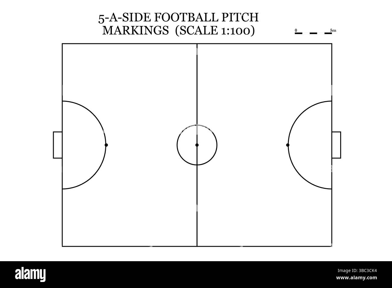 Diagramm des standardmäßigen 5-gegen-Fußball-Spielfeldes mit markierten Grenzen und Torbereichen für das Gameplay-Layout. Ideal für Coaching-Taktiken Stockfoto