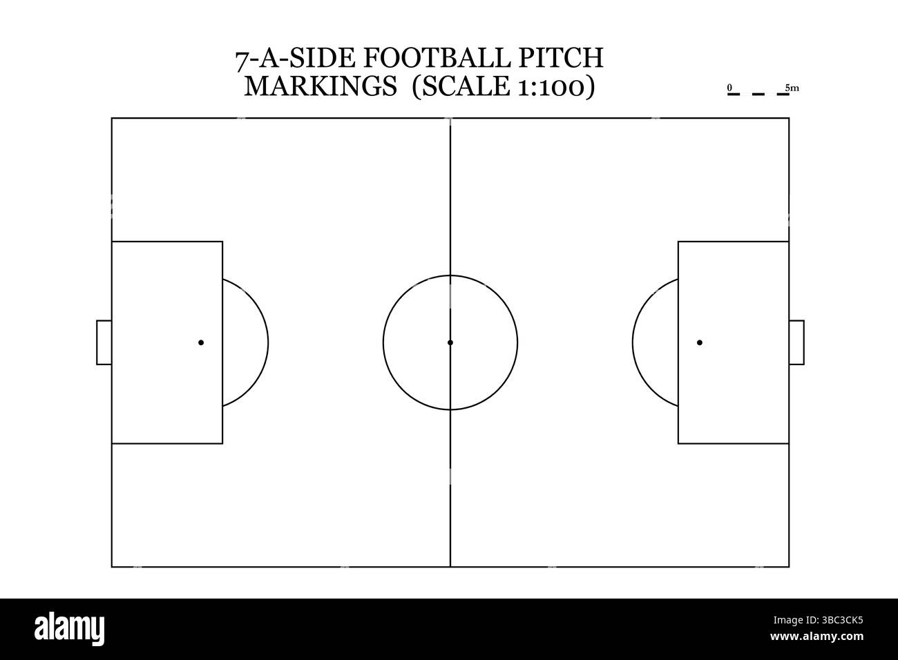 Diagramm des standardmäßigen 7-gegen-Fußball-Spielfeldes mit markierten Grenzen und Torbereichen für das Gameplay. Ideal für Coaching-Taktiken Stockfoto