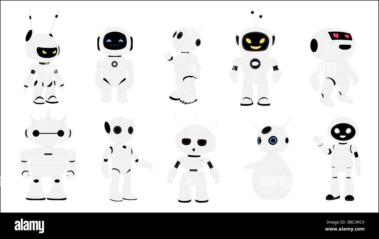 Niedliche Roboter, futuristische Chatbot-Charaktere. Gruppe von verschiedenen intelligenten Chat-Bots mit Antenne und freundlichen Gesten auf blauem Hintergrund, Zeichentrick künstliche intelligente Maskottchen Vektor-Illustration Stock Vektor