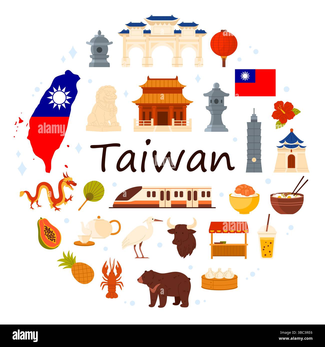 Taiwanesische Kulturelemente und berühmtes Wahrzeichen Taiwans, Natur und nächtliche Straßenmarktgerichte in rundem Infografik-Banner mit Titel. Konfuzius-Tempel, Hochgeschwindigkeitsbahn-Cartoon-Vektor-Illustration Stock Vektor