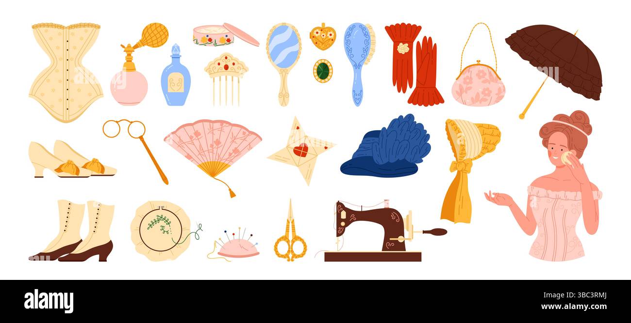Viktorianischer Damenmode aus dem 19. Jahrhundert. Viktorianische Dame Porträt, Accessoire und Kostüm, französisches Parfüm und Stickerei, Tasche und Spitze, antike Nähmaschine Cartoon Vektor Illustration Stock Vektor