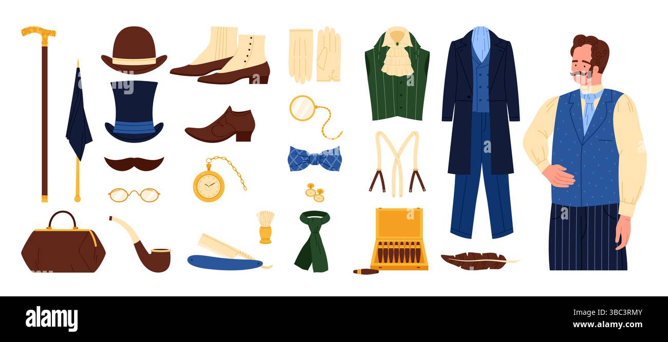 Viktorianische Herren Mode Stil aus dem 19. Jahrhundert. Viktorianischer Gentleman mit Schnurrbart, Top-Hut und Monokel, eleganter Anzug aus reichem Dandy und Zigarrenbox, Aktentasche und Bogen-Cartoon-Vektor-Illustration Stock Vektor