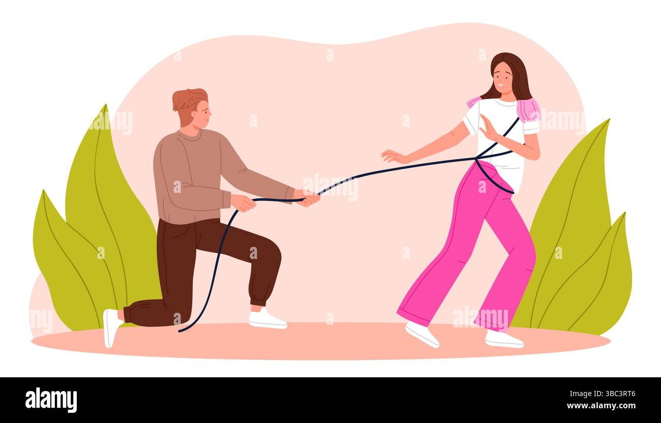 Toxische Beziehung, psychische Gewalt und Missbrauch, Manipulation bei Paar und Familie. Ehemann zieht Seil um traurige Frau, um unglückliche Frau Cartoon Vektor Illustration zu kontrollieren und zu manipulieren Stock Vektor