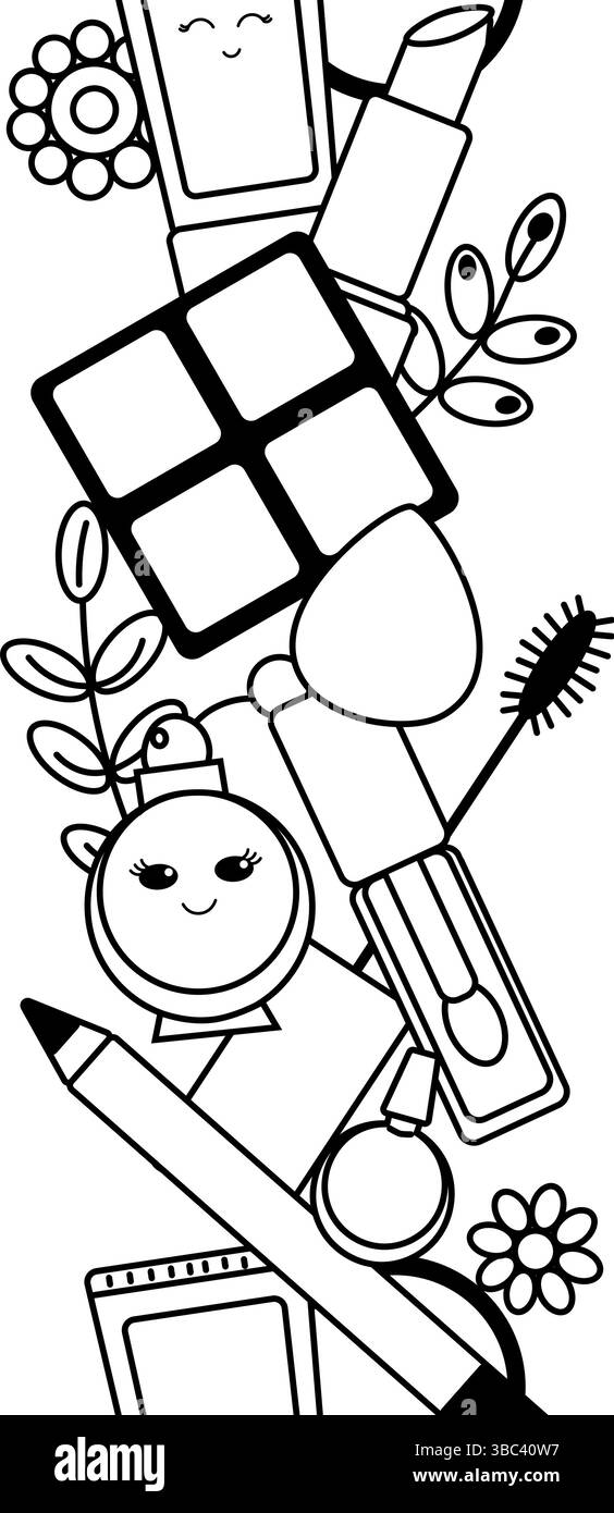 Make-up-Kosmetikwerkzeuge nahtlose vertikale Umrandung. Vektorgrafik-Strichdarstellung. Schwarz-weiß-süße Kosmetik-Make-up-Kunst. Hintergrund für Banner, prin Stock Vektor