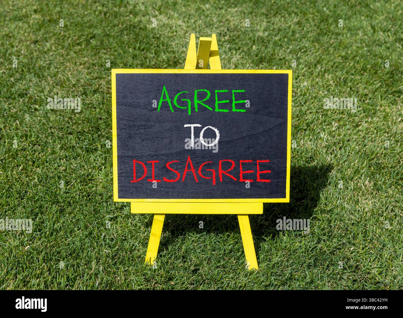 Symbol „Stimme zu, Stimme nicht zu“. Konzeptworte stimmen überein, dass sie auf der schönen gelben Tafel nicht zustimmen. Schöner grüner Rasen Hintergrund. Und stimmen Sie zu Stockfoto