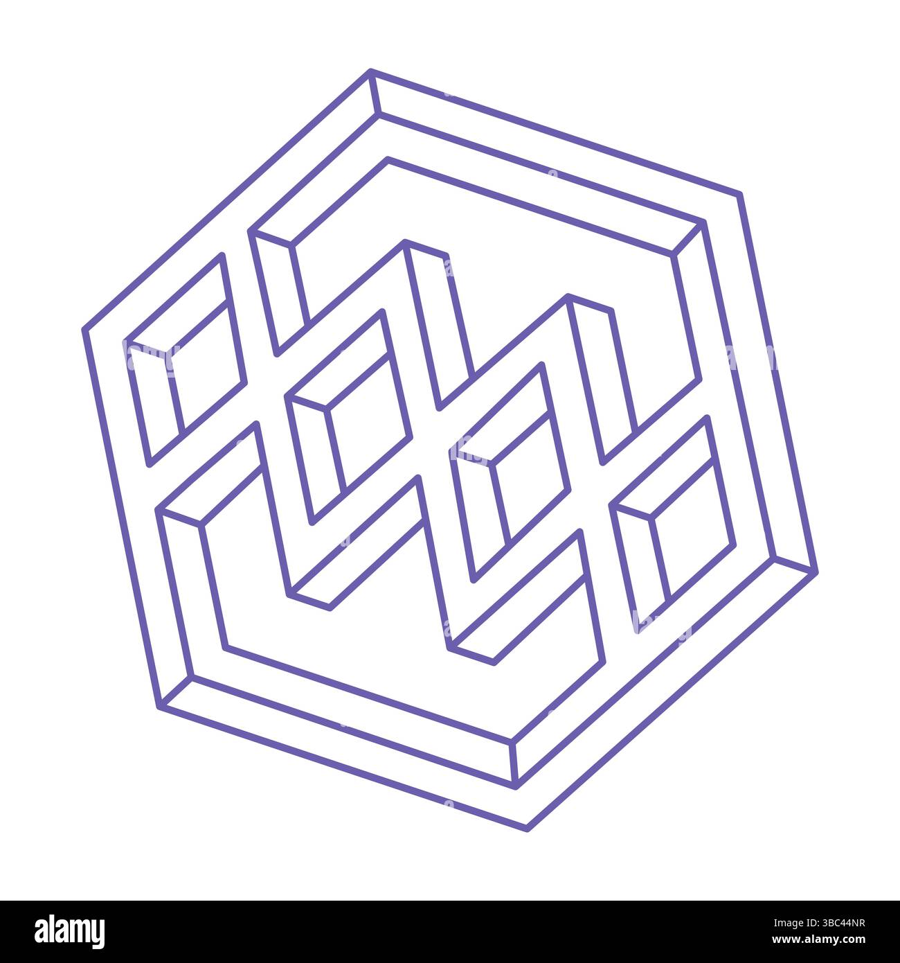 Unmögliche optische Täuschungsformen. Optische Kunstobjekte. Unmögliche Zahlen. Unrealistisches geometrisches Logo. Tattoo in trendiger 2022 Very Peri Farbe. Stock Vektor