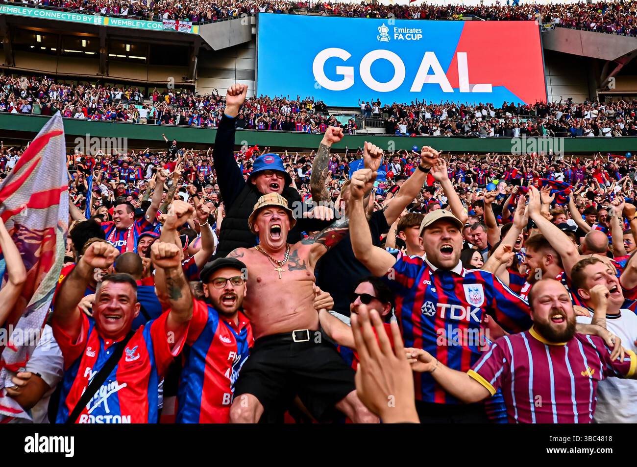 London, Großbritannien. Mai 2025. Crystal Palace-Fans feiern das Jahr 1-0 beim Finale des Emirates FA Cup zwischen Crystal Palace und Manchester City im Wembley Stadium, London am Samstag, den 17. Mai 2025. (Foto: Kevin Hodgson | MI News) Credit: MI News & Sport /Alamy Live News Stockfoto