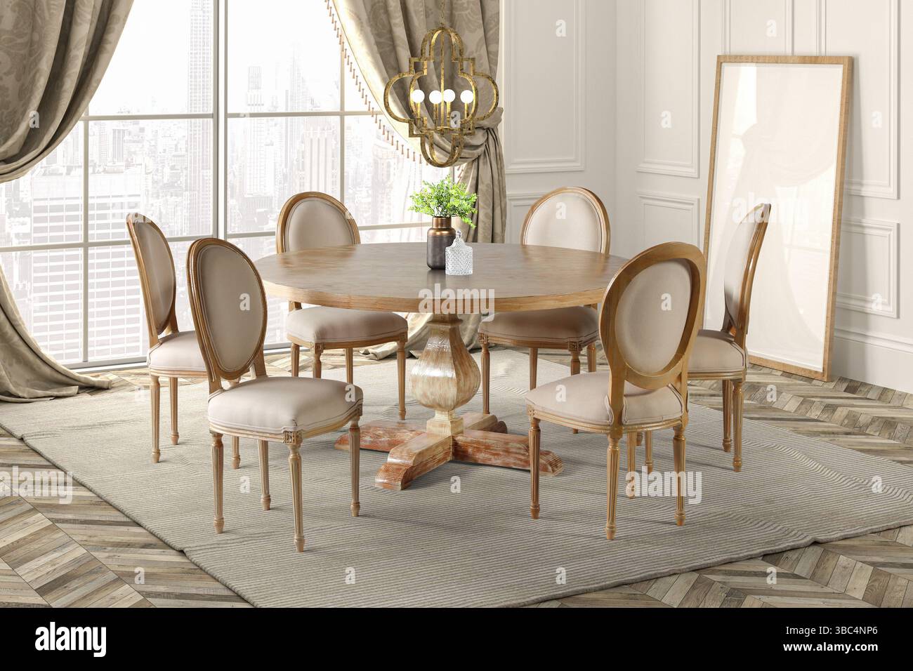 3D-Rendering . Klassisches Esszimmer. Klassisches Interieur Stockfoto