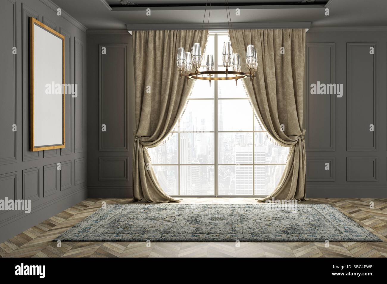 Leerer Innenraum 3D Render. Klassisches Innendesign. Classic-Zimmer. Vorderansicht Stockfoto