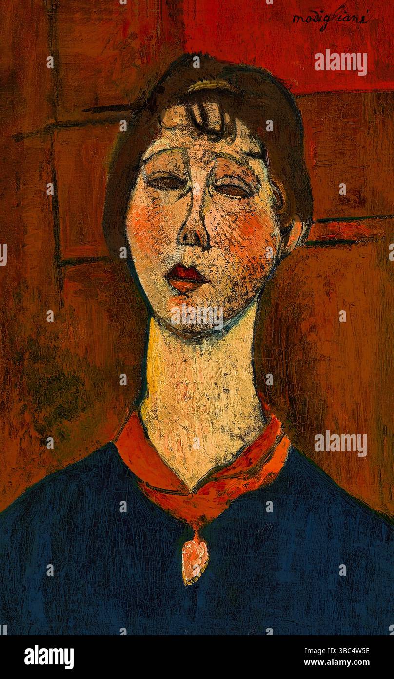 1916 Porträt von Madame Dorival von Modigliani. Verlängertes Gesicht, gedämpfte Töne, eleganter Ausdruck, Pariser Moderne, Ölgemälde, hohe Auflösung, öffentlich Stockfoto