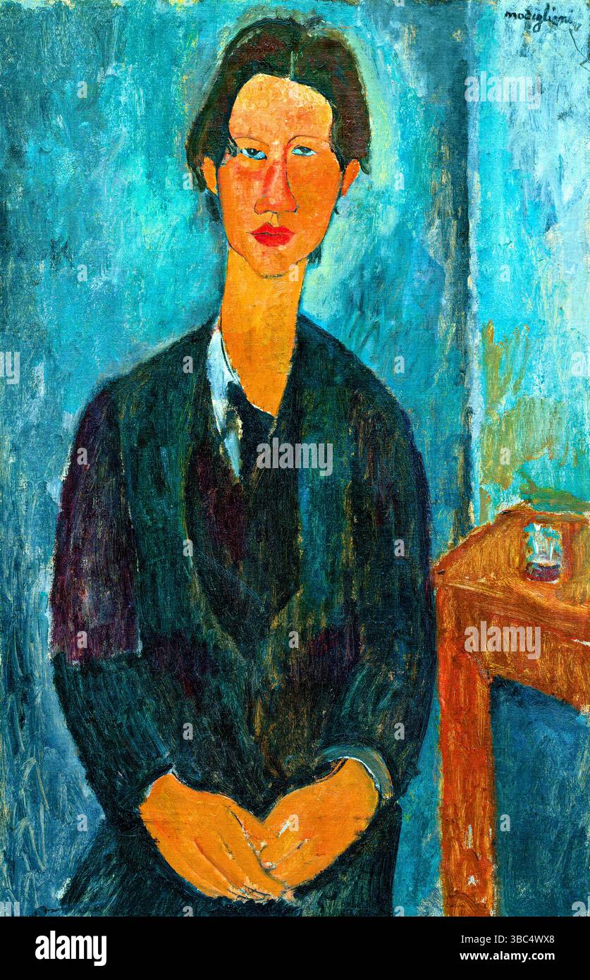 Modiglianis Porträt des Künstlers Chaim Soutine aus dem Jahr 1916, gemalt in Paris. Kultige modernistische Arbeit mit lang gestrecktem expressionistischen Stil. Public Domain. Stockfoto