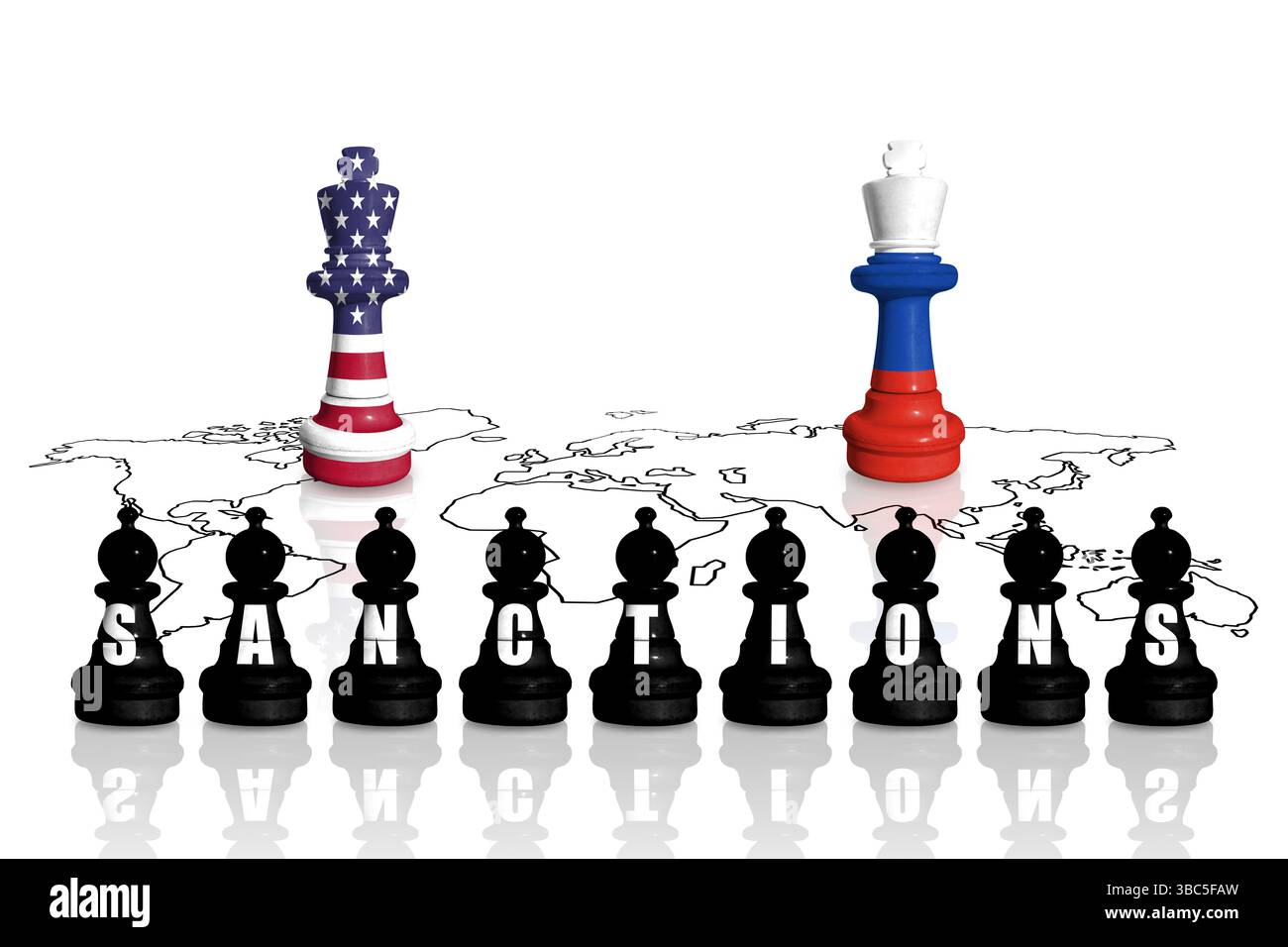 USA Sanktionen und Embargo für russischen Krieg und Aggression in der Ukraine. Schach aus Fahnen der USA und Russlands Stockfoto