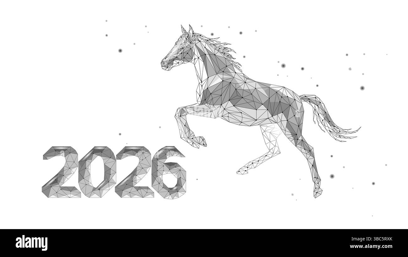 Geometrische Pferdeillustration läuft im Weltraum 2026 Horoskop Jahr. Chinesisches Tier des Neujahrs. Technologiedesigns und futuristische Projekte. Niedrige Poly-Ausführung Stock Vektor