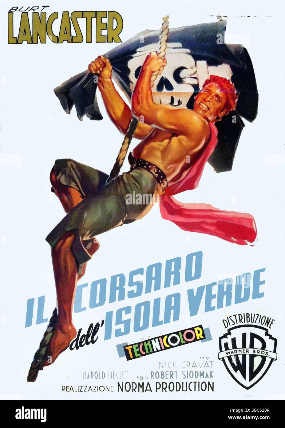 1952 italienisches Poster für Film Il Corsaro dell' Isola Verde („der Karmesinpirate“), ein Abenteuerfilm in der Karibik des 18. Jahrhunderts. Der Film spielt Burt Lancaster als Captain Vallo, einen Piraten, bekannt als Crimson Pirate, der eine Besatzung von Freibeutern anführt. Kunstwerk von Luigi Martinati Stockfoto