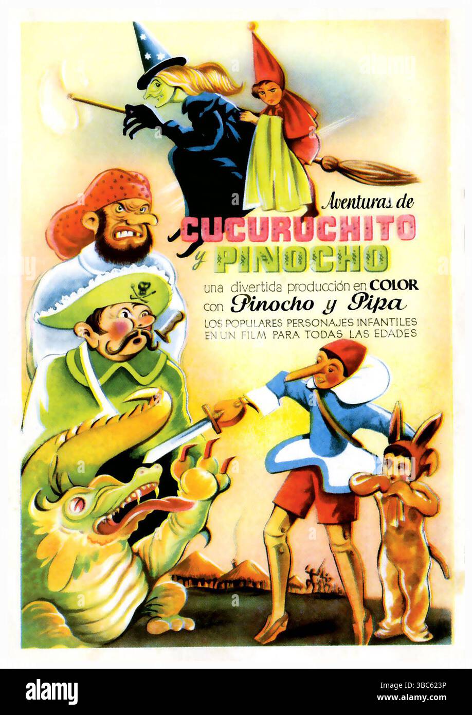 1943 Poster für den mexikanischen Film „Aventuras de Cucuruchito y Pinocho“. Carlos Véjar hijo. Con Francisco Jambrina, Carlos Amador, Paco Astol, Kunstwerk von Salvador Bartolozzi Stockfoto