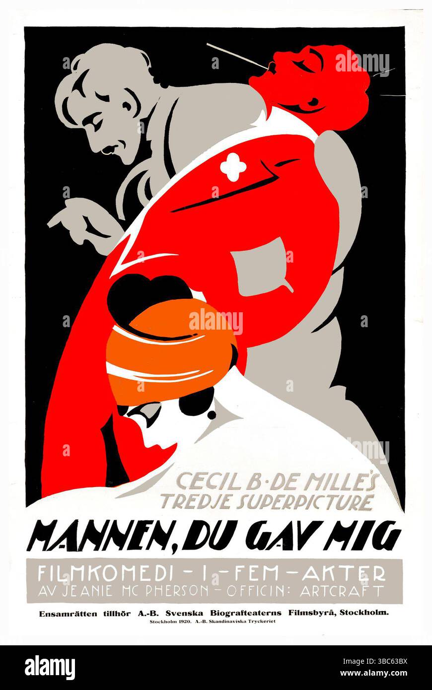 1919 Poster für den Film „Don't Change Your Ehemann“ von Cecil B. DeMille. Das von Eric Rohman entworfene Poster zeigt den Titel des Films auf Schwedisch („Mannen, du gav mig“). Stockfoto