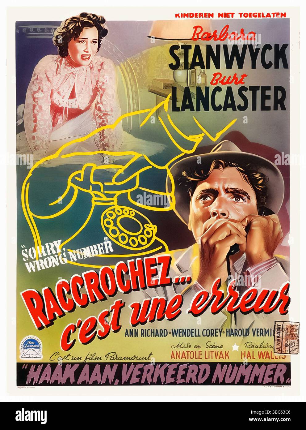1948 französisches Poster für den US-amerikanischen Film Noir „Sorry, Wrong Number“ mit Barbara Stanwyck und Burt Lancaster unter der Regie von Anatole Litvak Stockfoto
